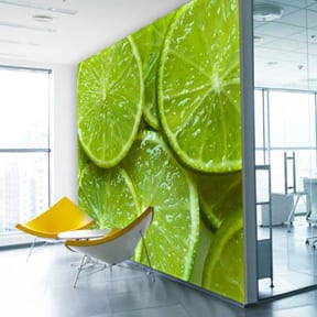 A room with a large wall of lime slices