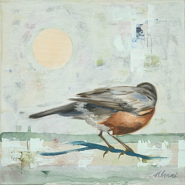 A painting of a bird on the ground