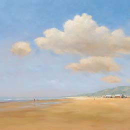 A painting of clouds over the beach