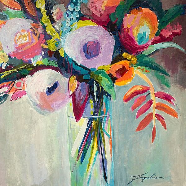 A painting of flowers in a vase