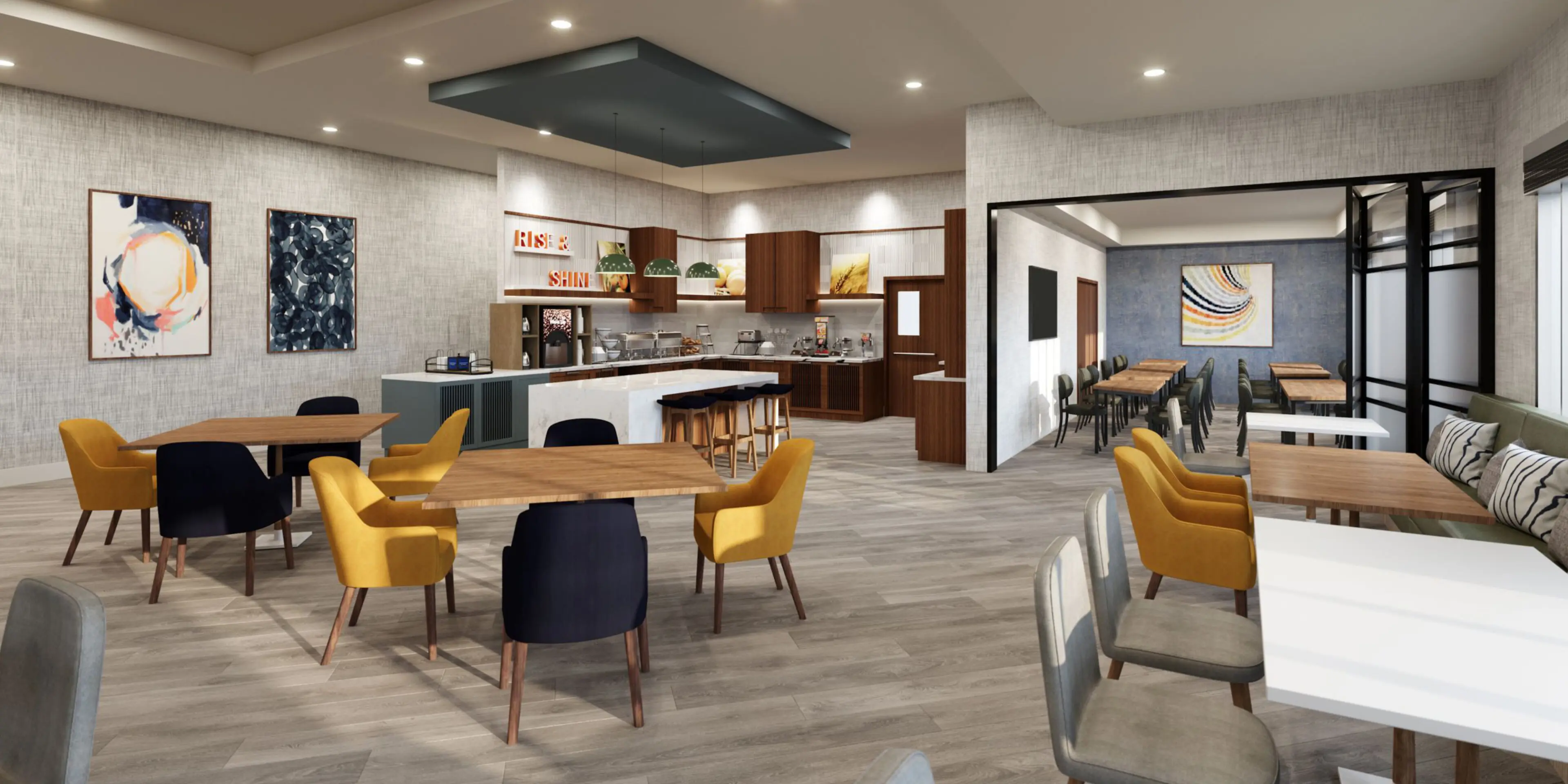 Modern kitchen and dining area with yellow chairs and wooden cabinets.